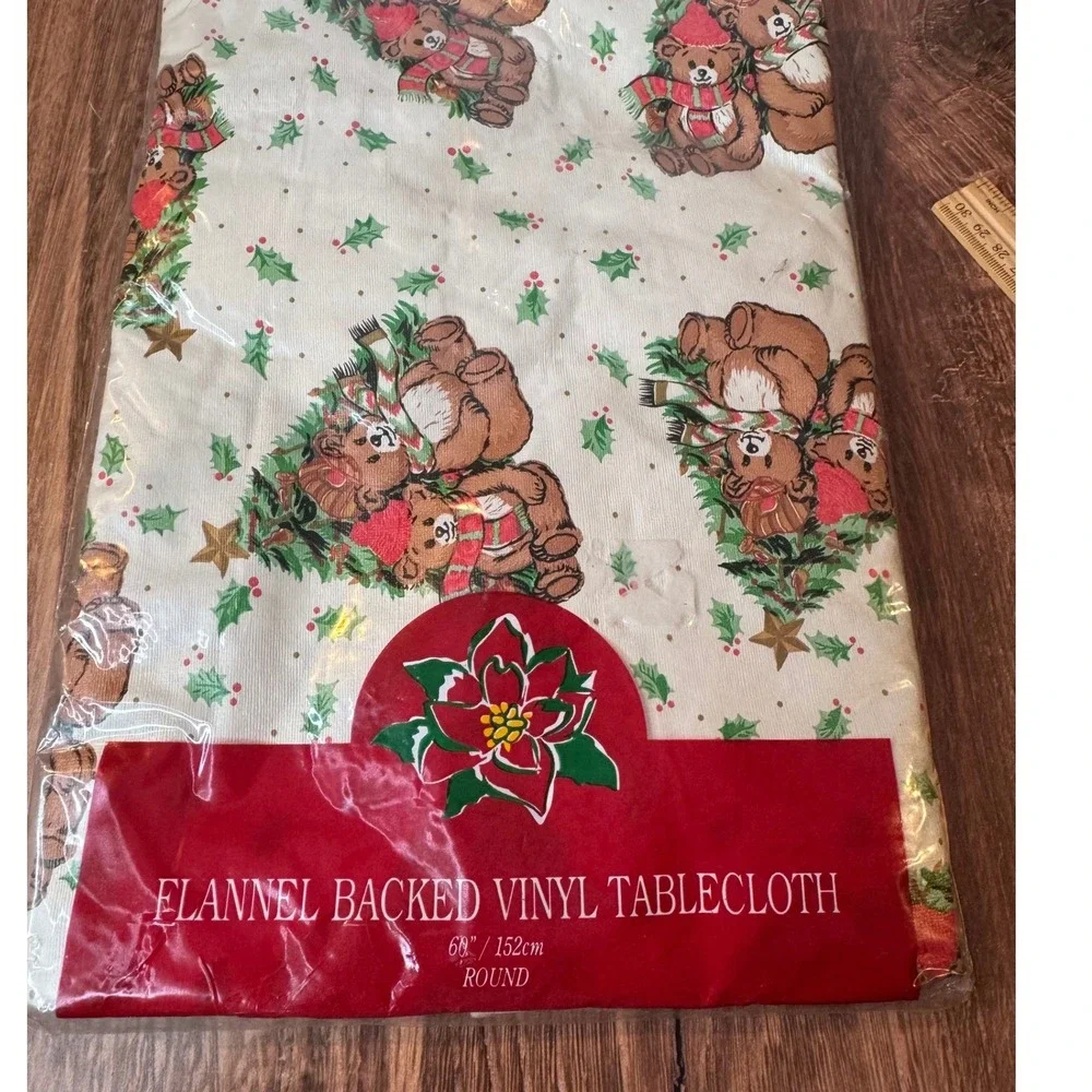 Vintage Christmas Bear Flannel‎ Backed Vinyl Tablecloth Round 60 inch
